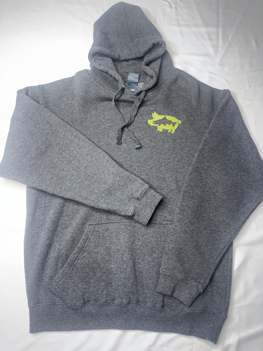 Fly Fishing Pig Fish Graphic Hoodie Charcoal Gray Heather Large Sweatshirt